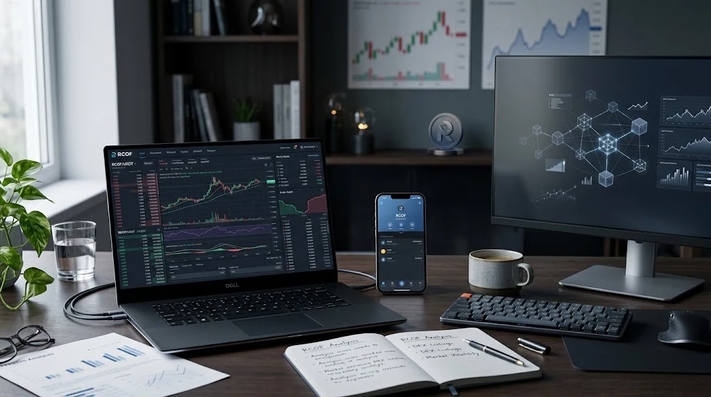 RCOF cryptocurrency market research displayed on a laptop beside a smartphone crypto wallet