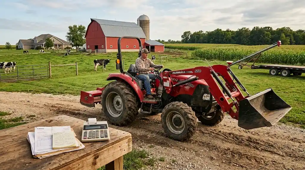 Compact red farm tractor with front loader working on an American farm