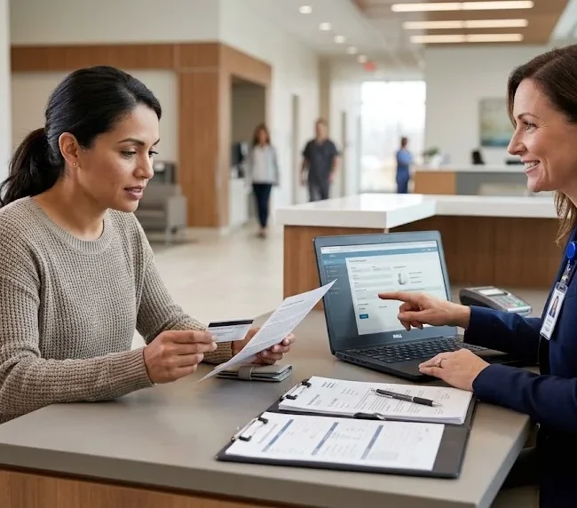 Patient checking health insurance coverage with a hospital representative