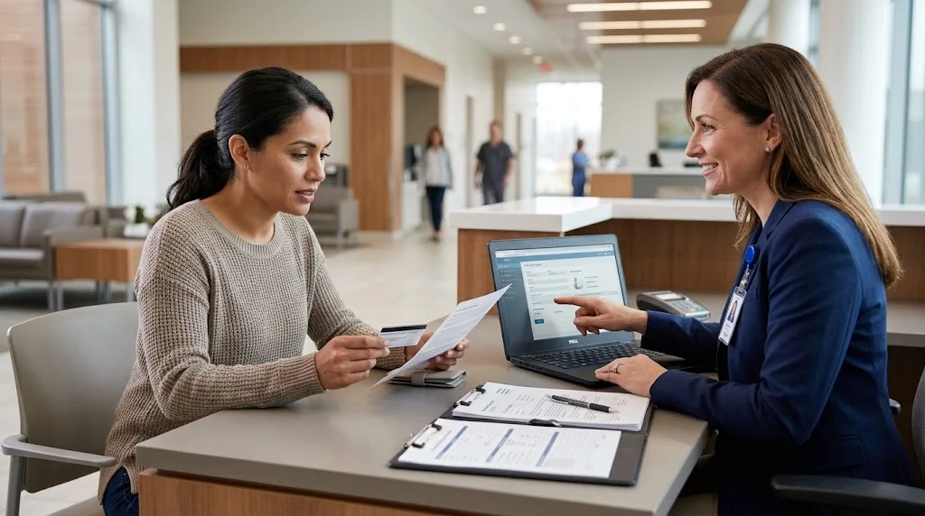 Patient checking health insurance coverage with a hospital representative