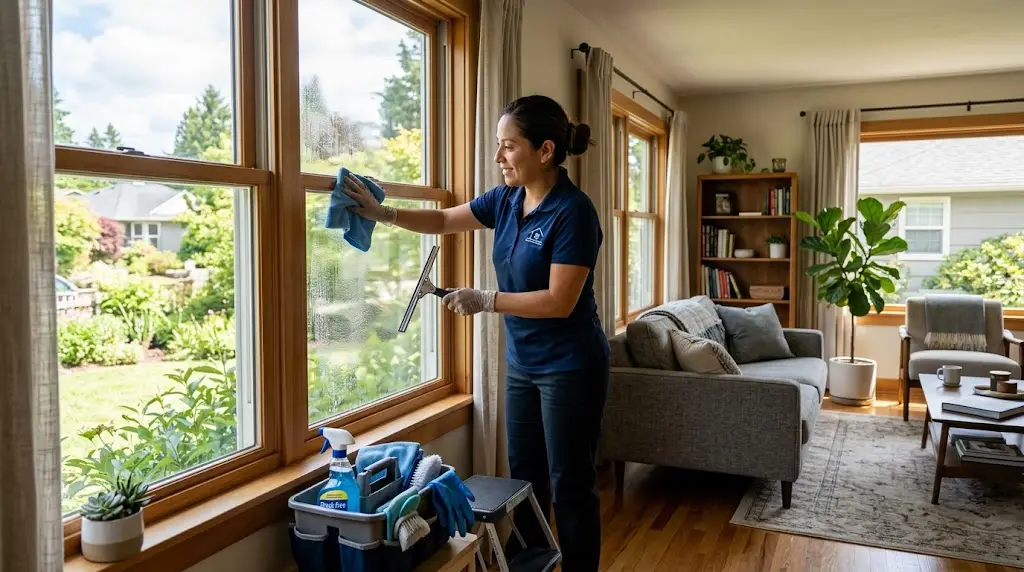 Professional cleaner washing a large residential window in a bright modern home