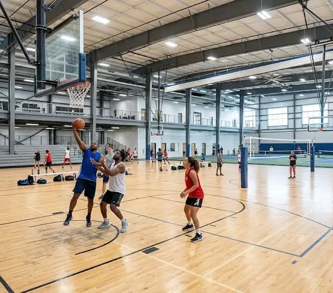 Athletes practicing on indoor courts at Simkins Indoor Sports Pavilion