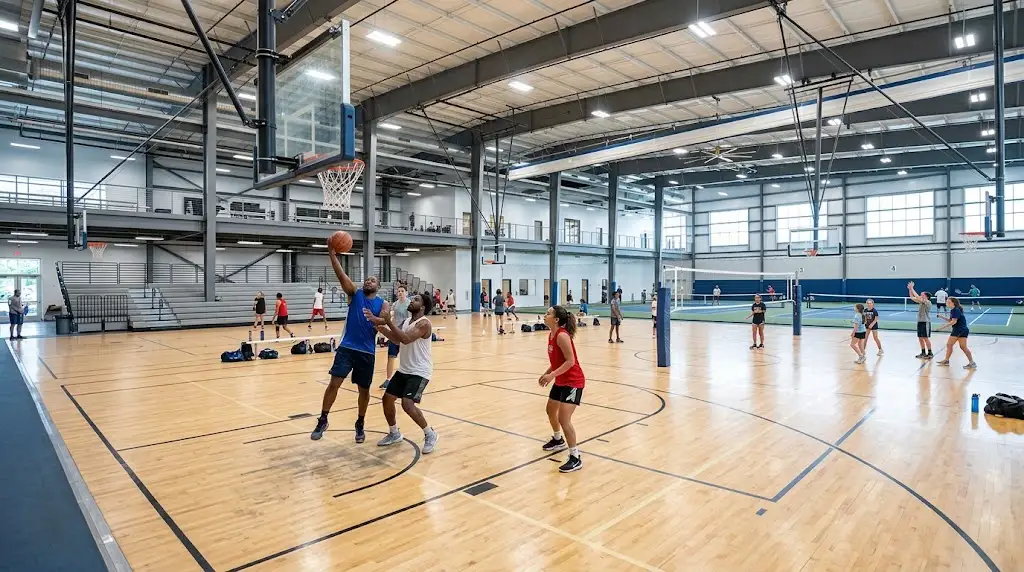 Athletes practicing on indoor courts at Simkins Indoor Sports Pavilion