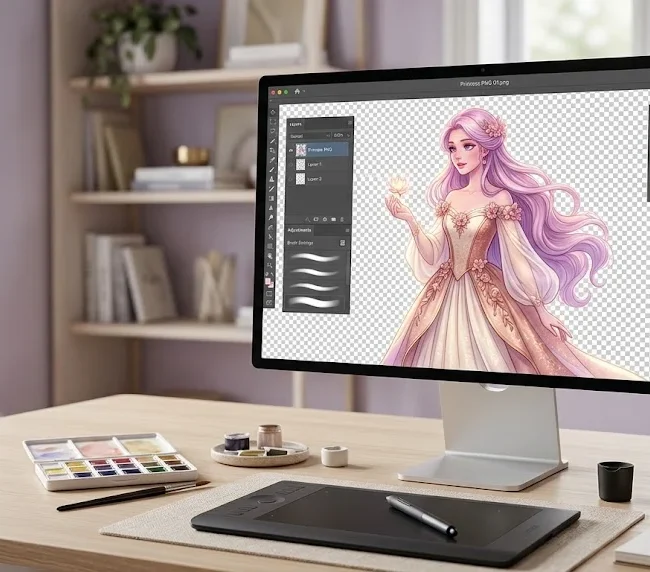Fairy-tale inspired digital artwork displayed as a transparent PNG on a designer's screen