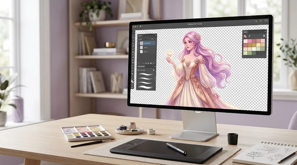 Fairy-tale inspired digital artwork displayed as a transparent PNG on a designer's screen