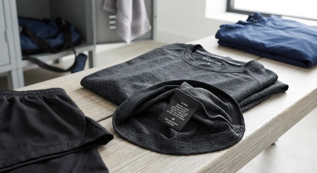 Sport-Tek athletic garment with identification and care label