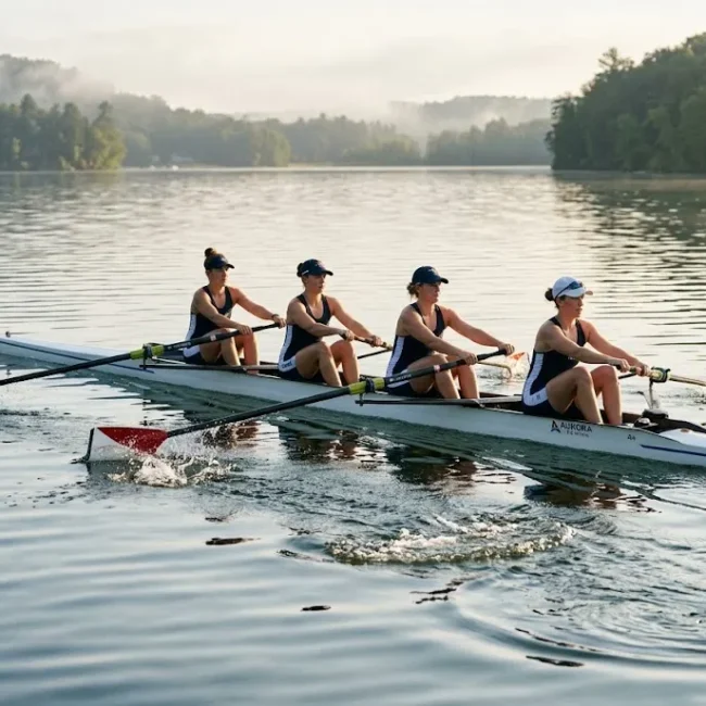 Rowers using oars together in a racing shell on calm water