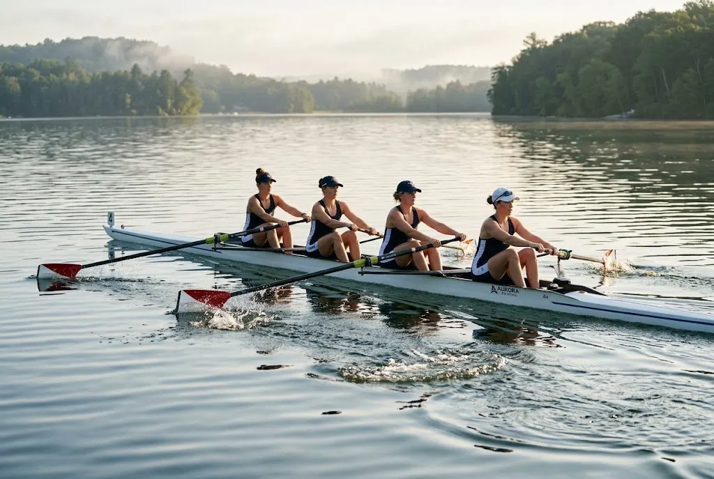 Rowers using oars together in a racing shell on calm water