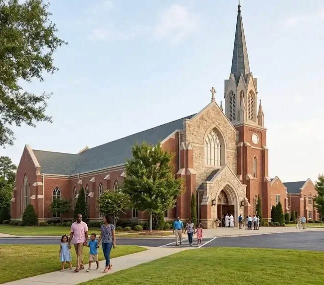 St. Peter Chanel Catholic Church in Roswell, Georgia with visitors near the church entrance