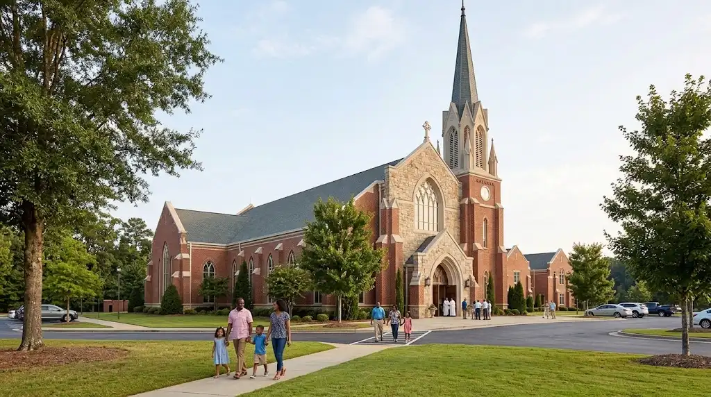 St. Peter Chanel Catholic Church in Roswell, Georgia with visitors near the church entrance