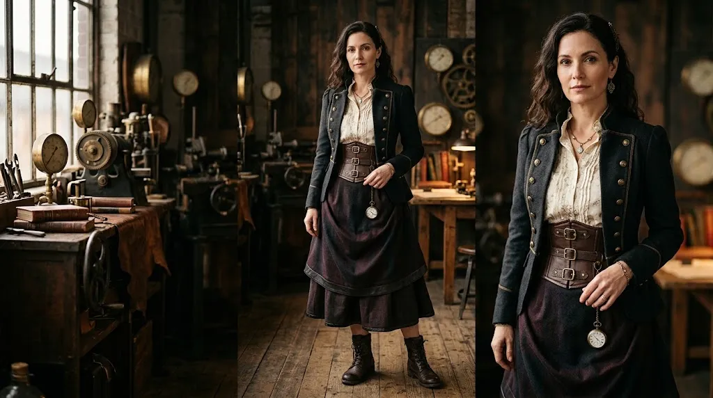 Woman wearing an elegant steampunk-inspired outfit with a Victorian jacket, layered skirt, leather boots, and antique accessories