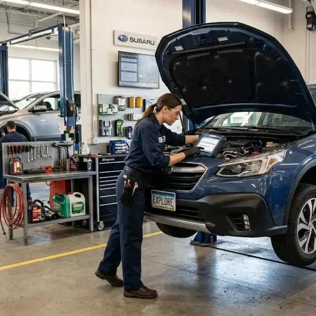 Automotive technician inspecting a vehicle with diagnostic equipment inside a professional repair shop