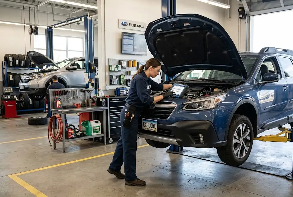 Automotive technician inspecting a vehicle with diagnostic equipment inside a professional repair shop