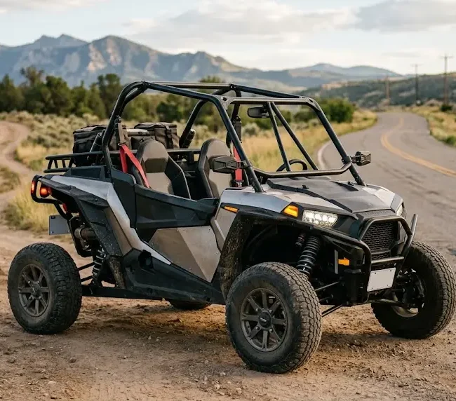 Off-road buggy equipped with road-use lighting, mirrors, roll cage, and road-oriented tires beside a paved road.