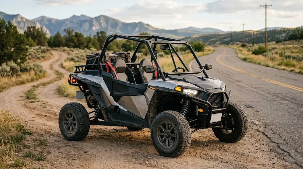 Off-road buggy equipped with road-use lighting, mirrors, roll cage, and road-oriented tires beside a paved road.