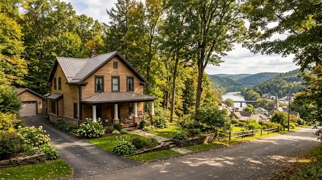 Tidioute Pennsylvania home surrounded by wooded Allegheny River Valley scenery
