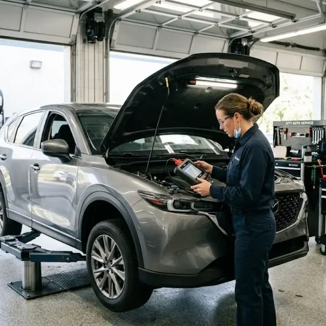 Professional auto technician inspecting a modern vehicle in a repair shop.