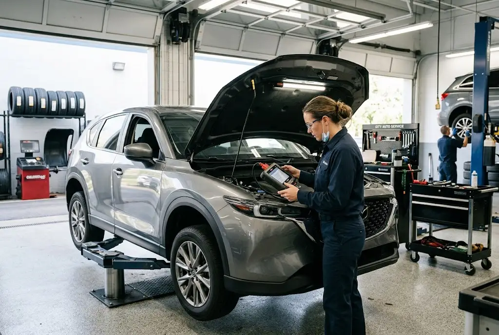 Professional auto technician inspecting a modern vehicle in a repair shop.