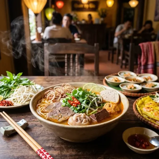Bún Bò Huế with rice cakes and a crispy Vietnamese pancake served at a restaurant table