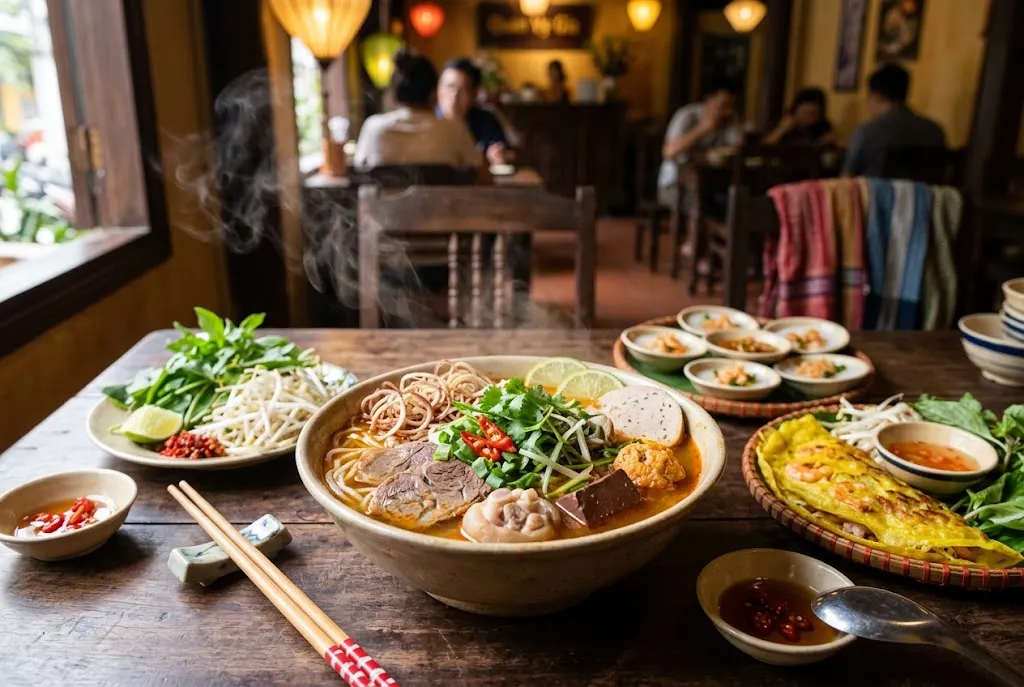 Bún Bò Huế with rice cakes and a crispy Vietnamese pancake served at a restaurant table
