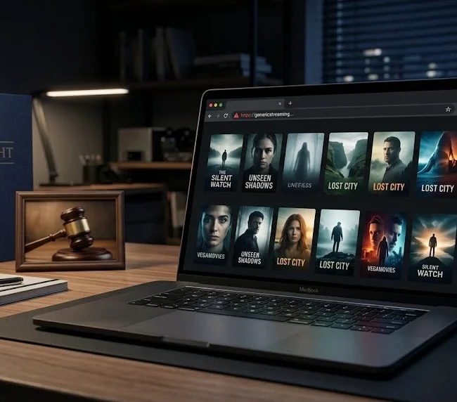 Image Alt Text: Laptop displaying a generic online movie streaming interface with a digital security warning
