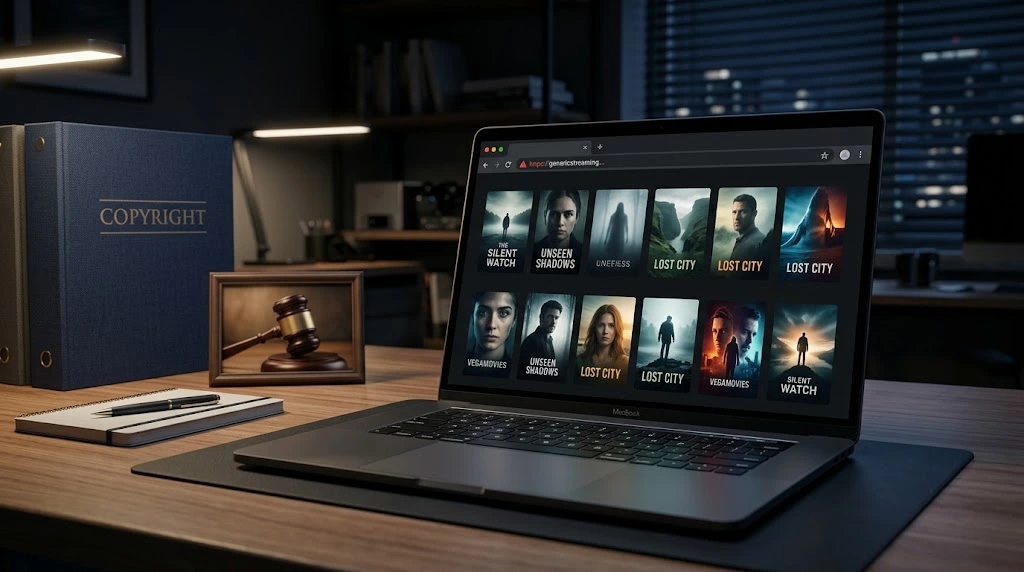 Image Alt Text: Laptop displaying a generic online movie streaming interface with a digital security warning