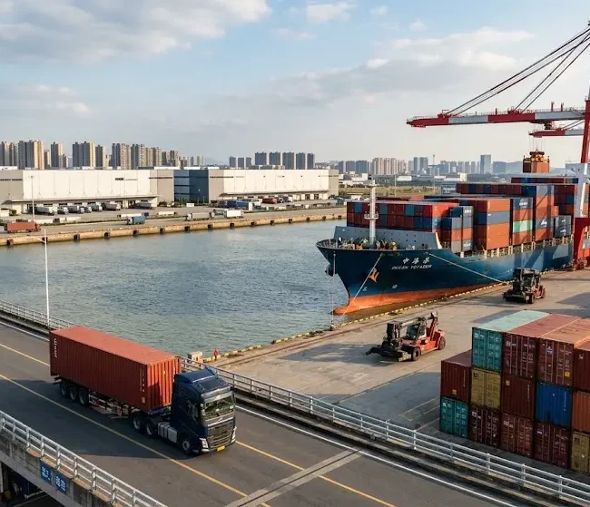 Global freight logistics with shipping containers, cargo vessel, truck, and warehouse