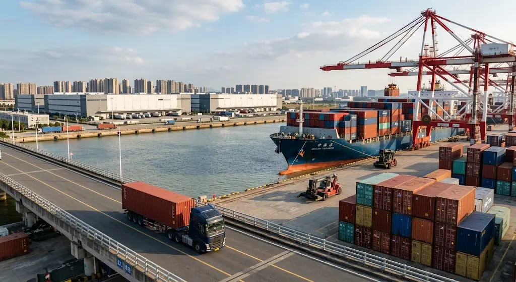 Global freight logistics with shipping containers, cargo vessel, truck, and warehouse