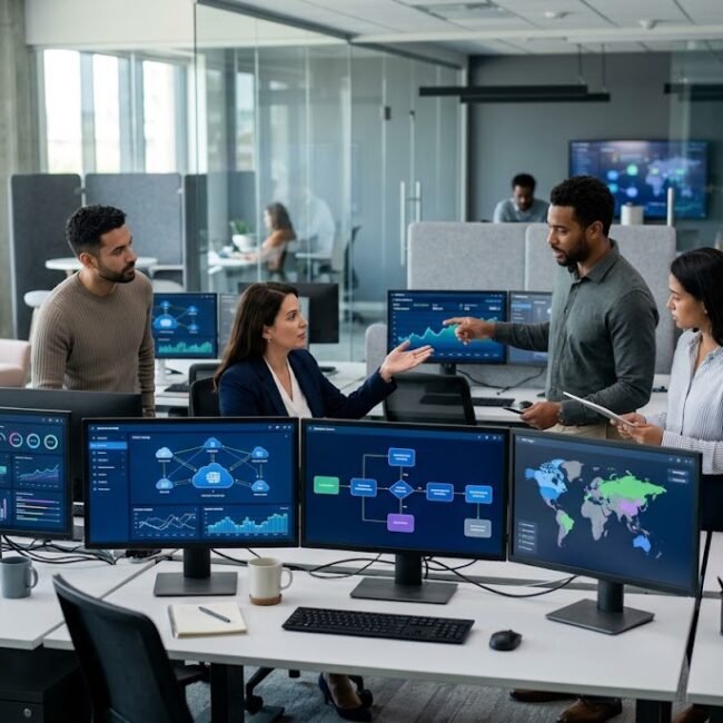 Business team reviewing AI-powered analytics and connected technology systems in a modern office