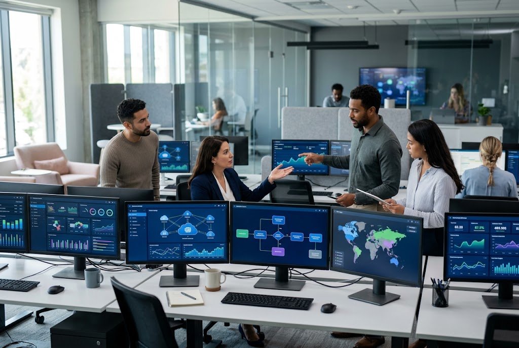 Business team reviewing AI-powered analytics and connected technology systems in a modern office