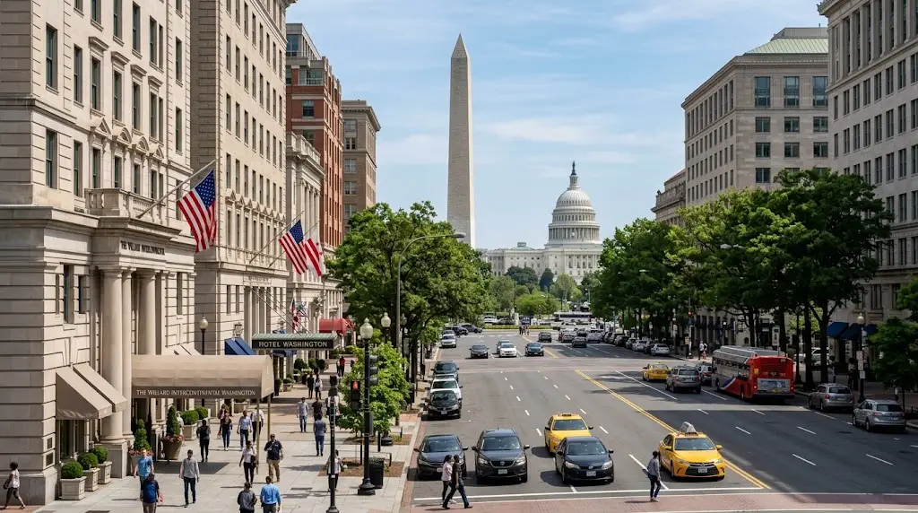 Washington, DC skyline with the Washington Monument and surrounding city buildings