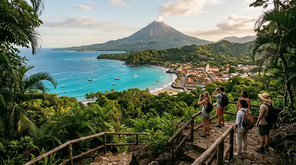 Tropical Central American landscape with rainforest, turquoise coastline and volcanic mountains