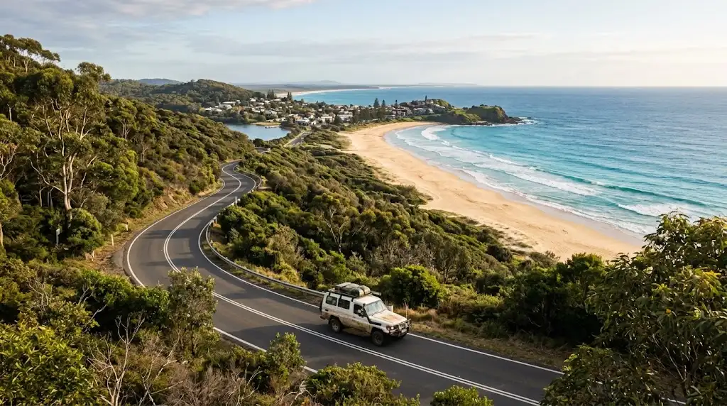 Scenic Australian coastal road with beach and ocean on a Brisbane to Sydney road trip