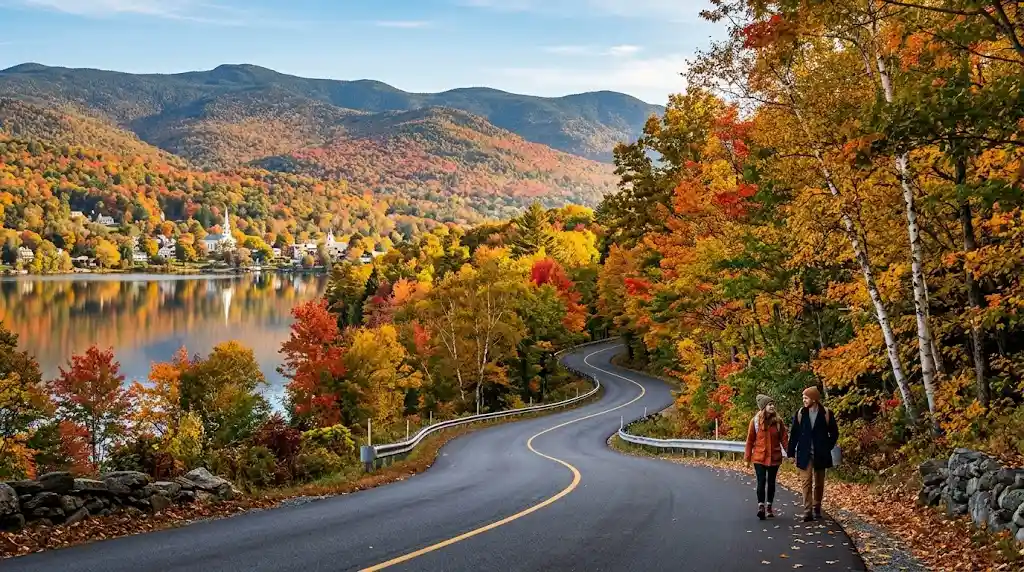 Scenic autumn road surrounded by colorful fall foliage and mountains