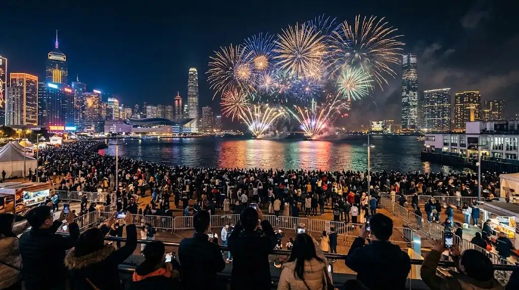 Crowd watching New Year's Eve fireworks over a brightly lit city waterfront