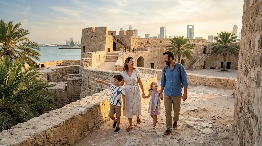 Family exploring a historic Bahrain attraction with palm trees and modern city scenery