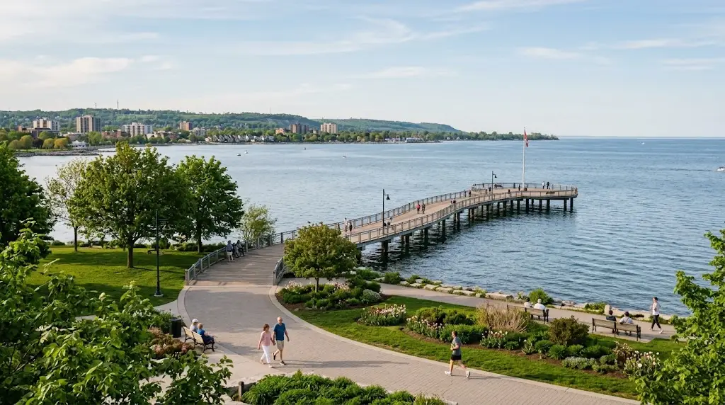 Burlington waterfront and Brant Street Pier overlooking Lake Ontario in Ontario, Canada