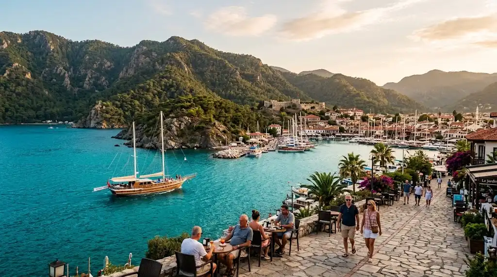 Marmaris coastline with turquoise water, pine-covered hills, gulet boats and historic castle