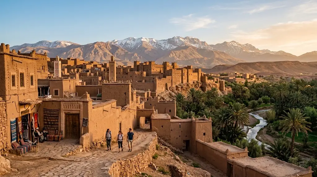 Moroccan medina with Atlas Mountains in the distance