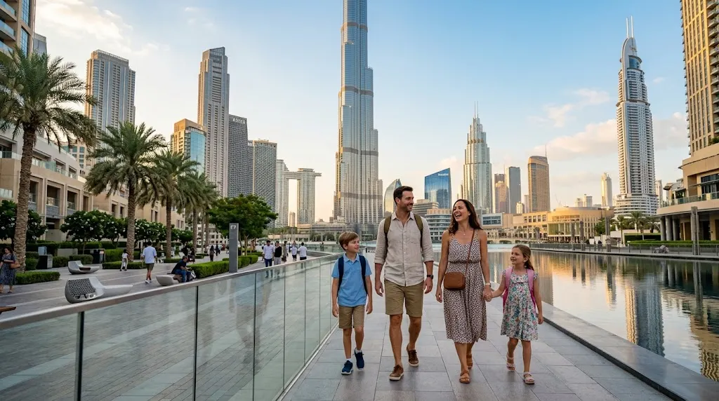 Parents and children enjoying a waterfront walk with Dubai's skyline and Burj Khalifa in the background.