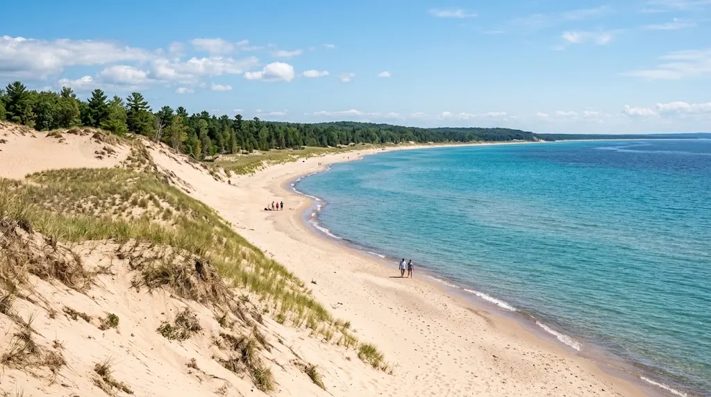 Sandy Lake Michigan shoreline with blue freshwater, green dunes, and visitors enjoying a summer beach walk.