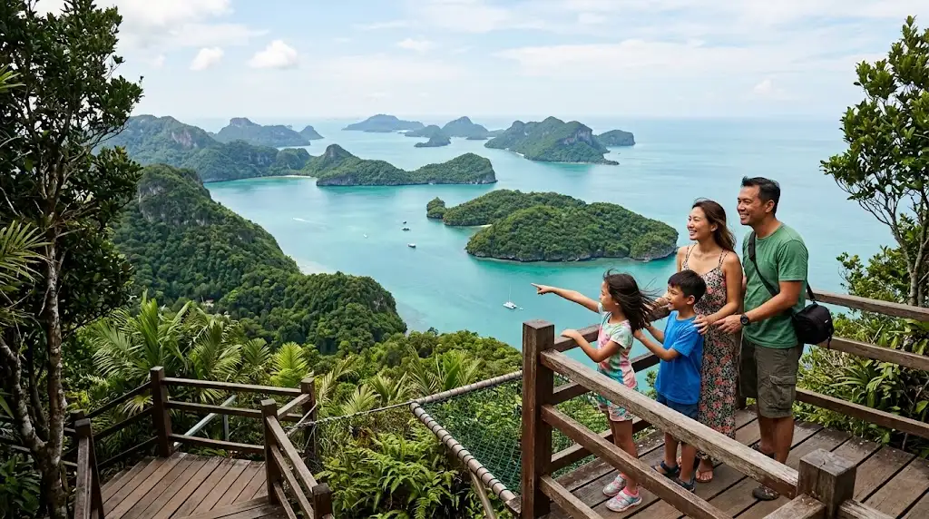 Family enjoying a scenic view of Malaysia's tropical islands and green landscape