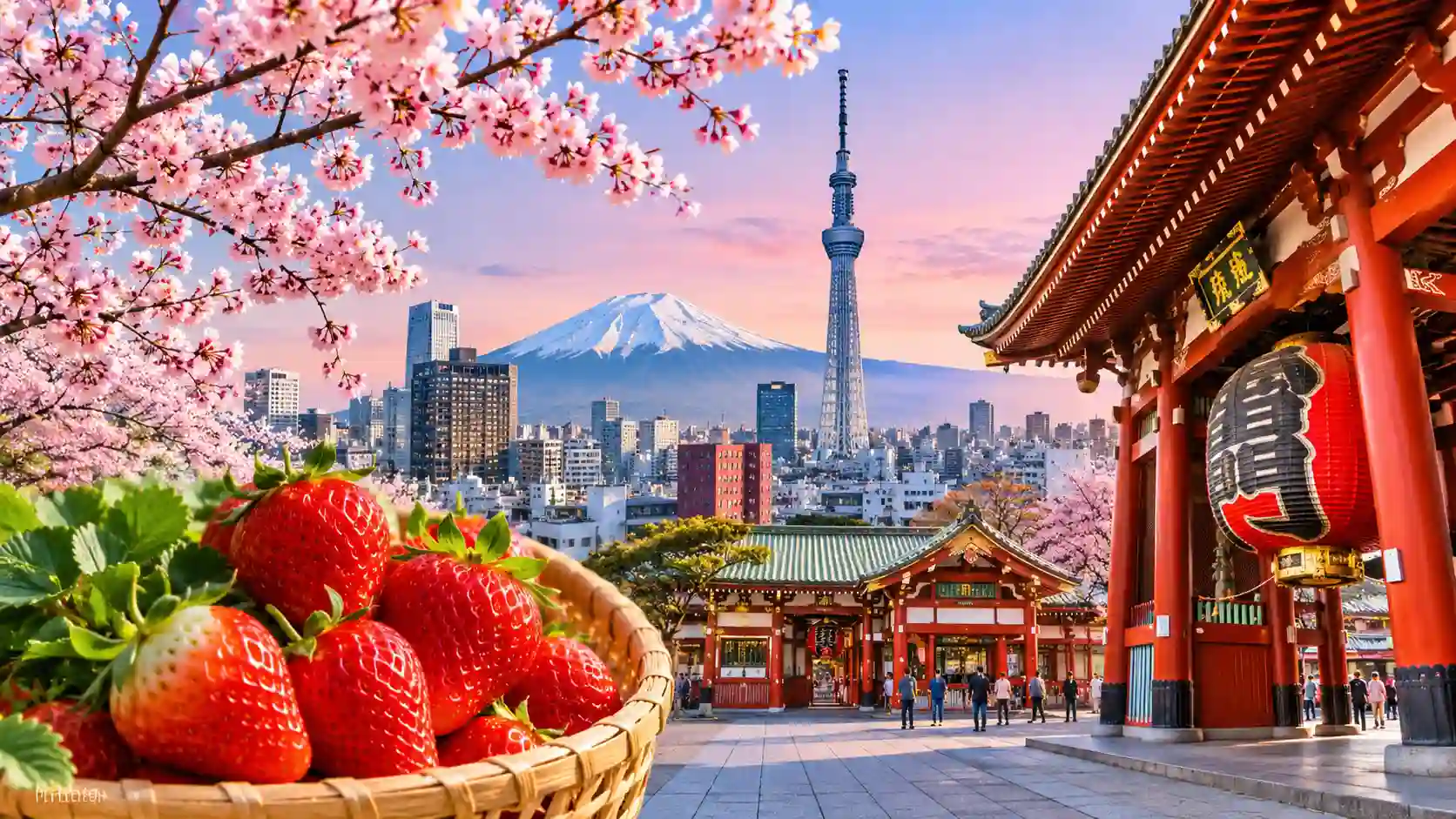Tokyo attractions featuring Senso-ji Temple, Tokyo Skytree, Mount Fuji, cherry blossoms, and fresh strawberries