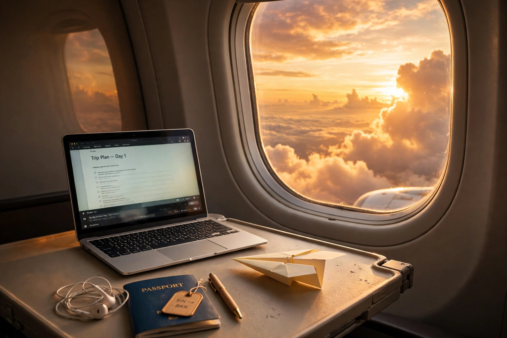 Airplane window view at sunset with a laptop and paper plane on a tray table