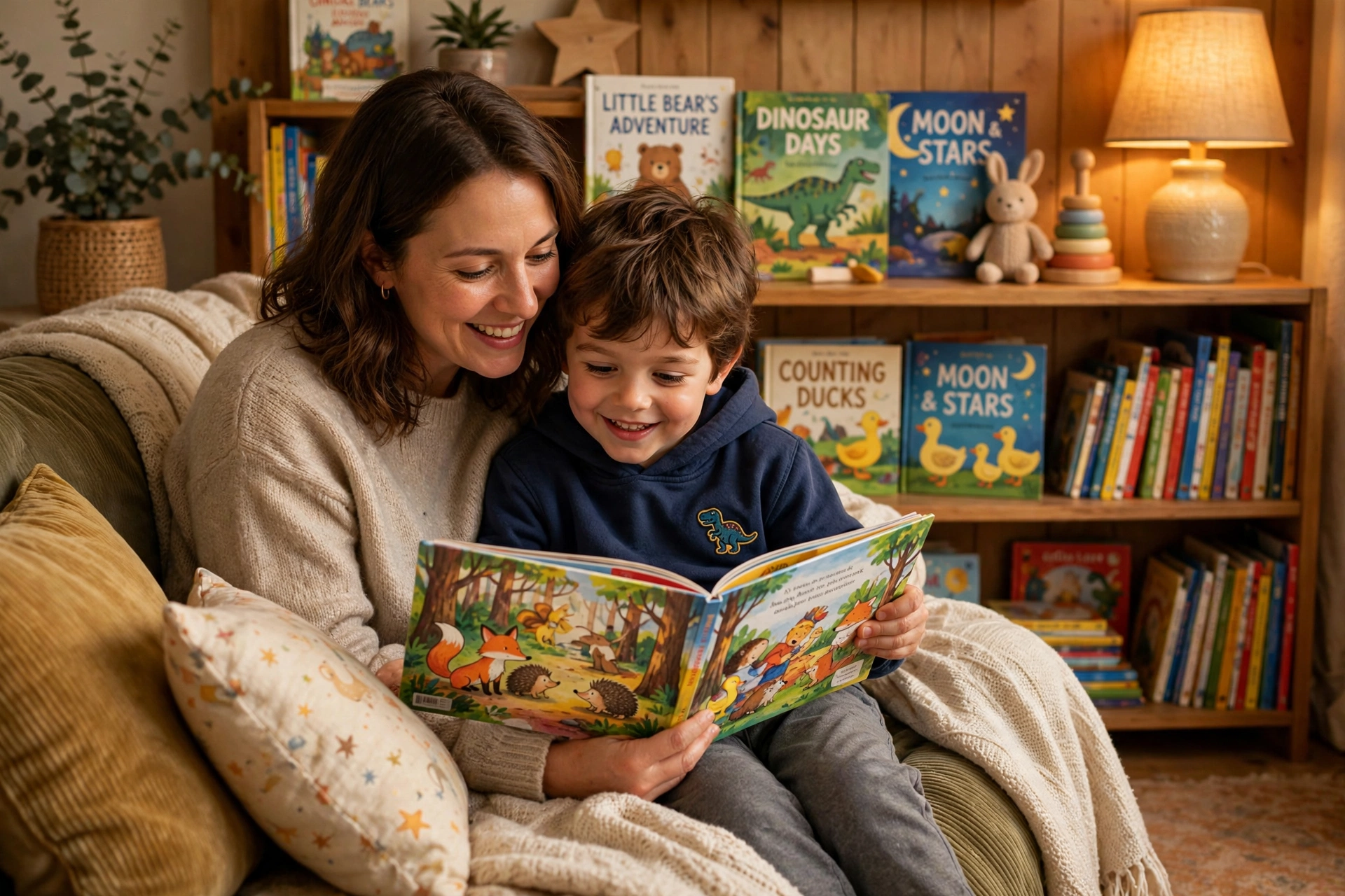 Parent and young child reading a colorful picture book together on a couch