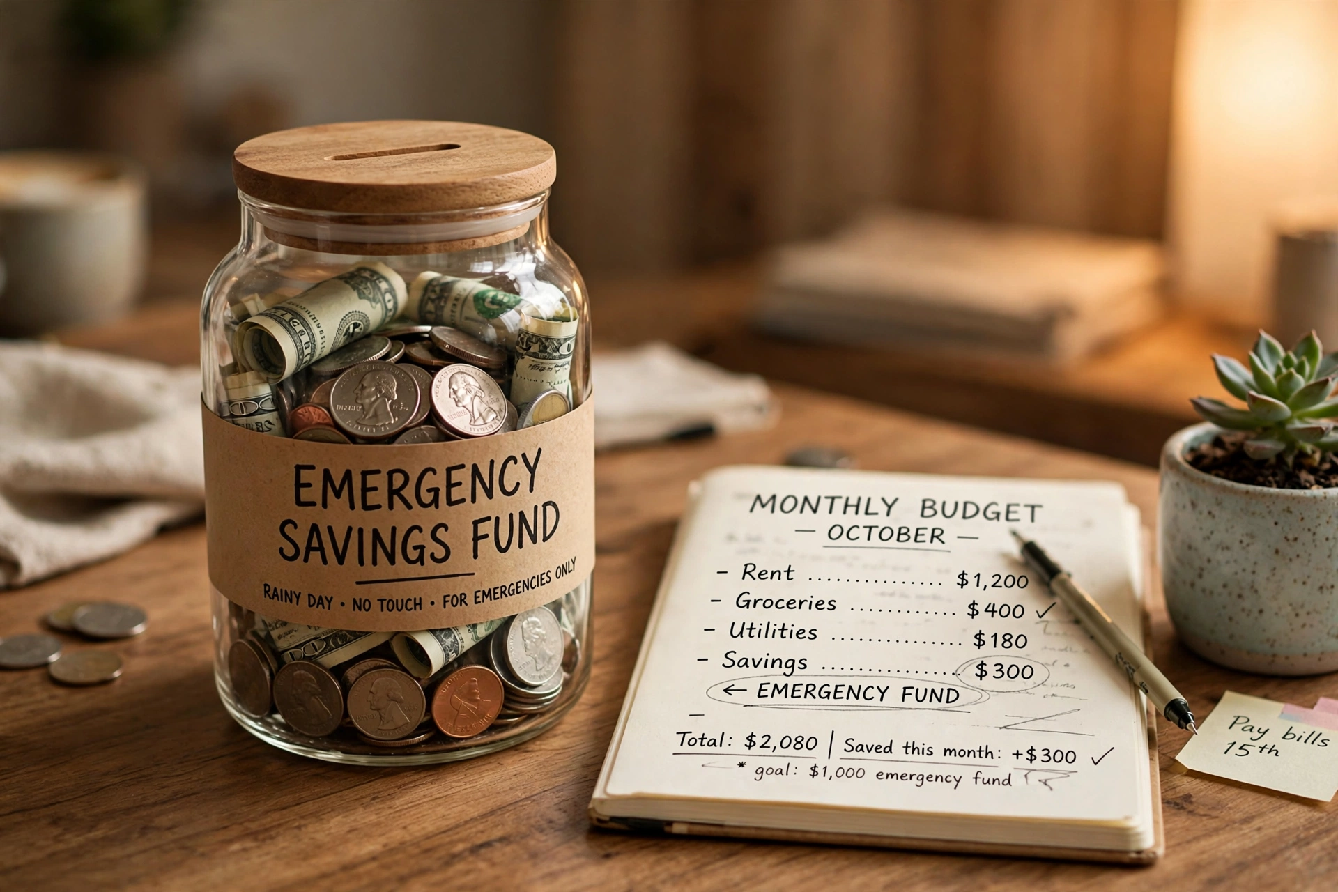 Glass emergency savings jar filling with cash next to a budget notebook