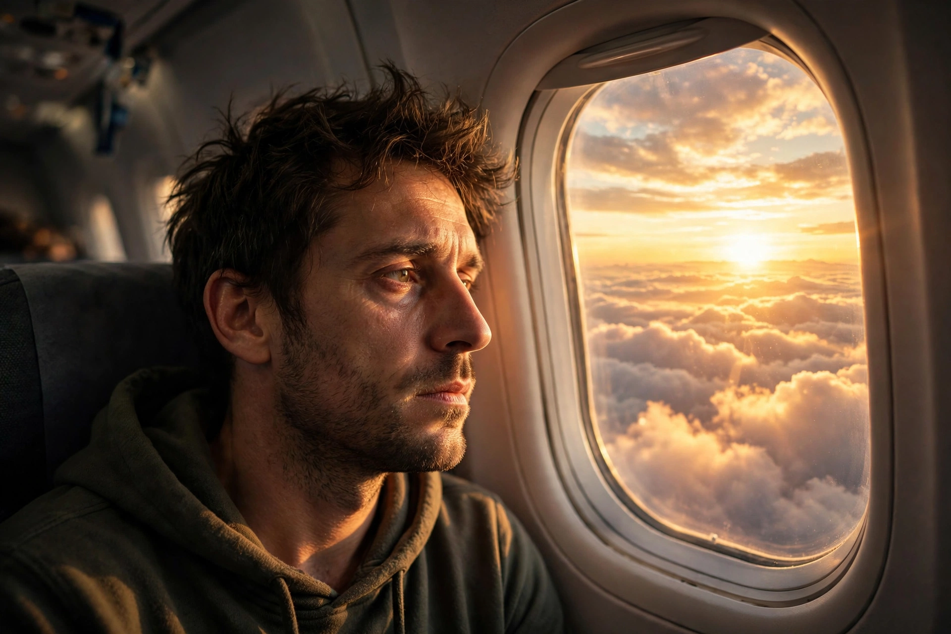 Traveler watching sunrise from an airplane window