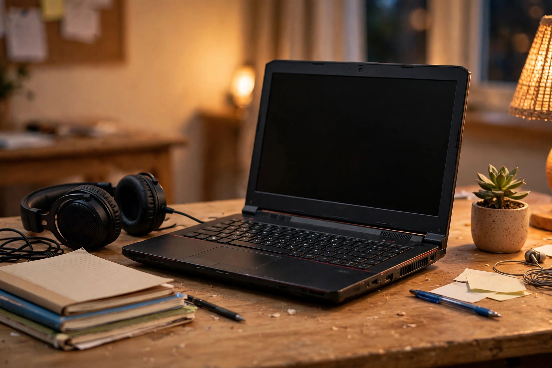 Budget gaming laptop on a student desk with headset and notebooks