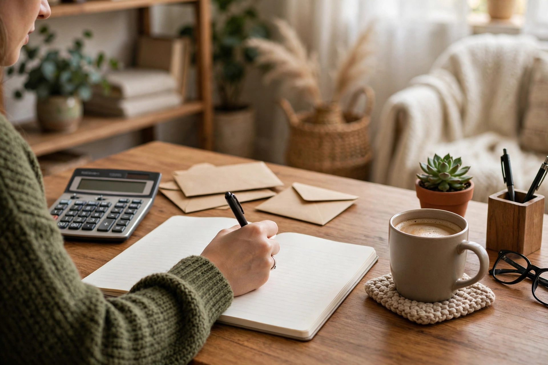 Person writing a monthly budget in a notebook with calculator and savings envelopes