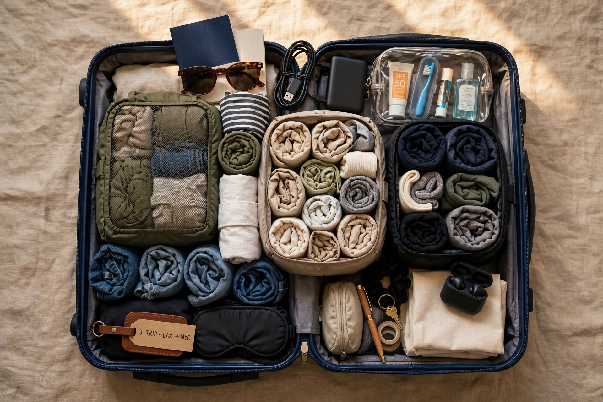 Traveler packing a carry-on suitcase with rolled clothes for a week-long trip